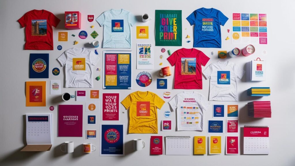 Verschiedene bedruckbare Materialien wie T-Shirts, Poster und Tassen.