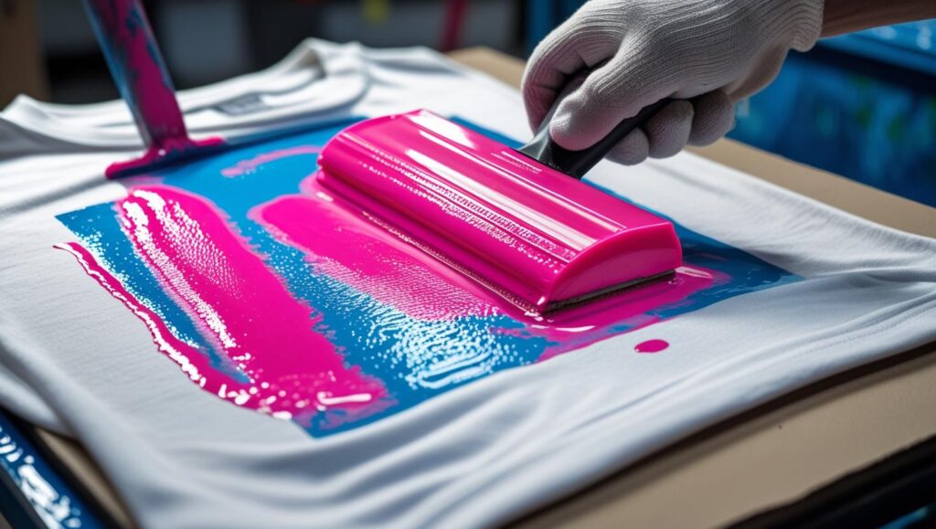 Ein Rakel verteilt Farbe gleichmäßig über ein Sieb auf einem T-Shirt.