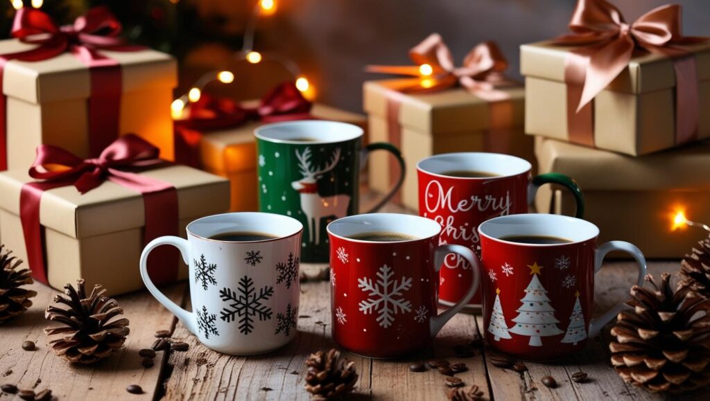 Eine Auswahl an weihnachtlichen Kaffeetassen, perfekt als Geschenk zu Weihnachten.
