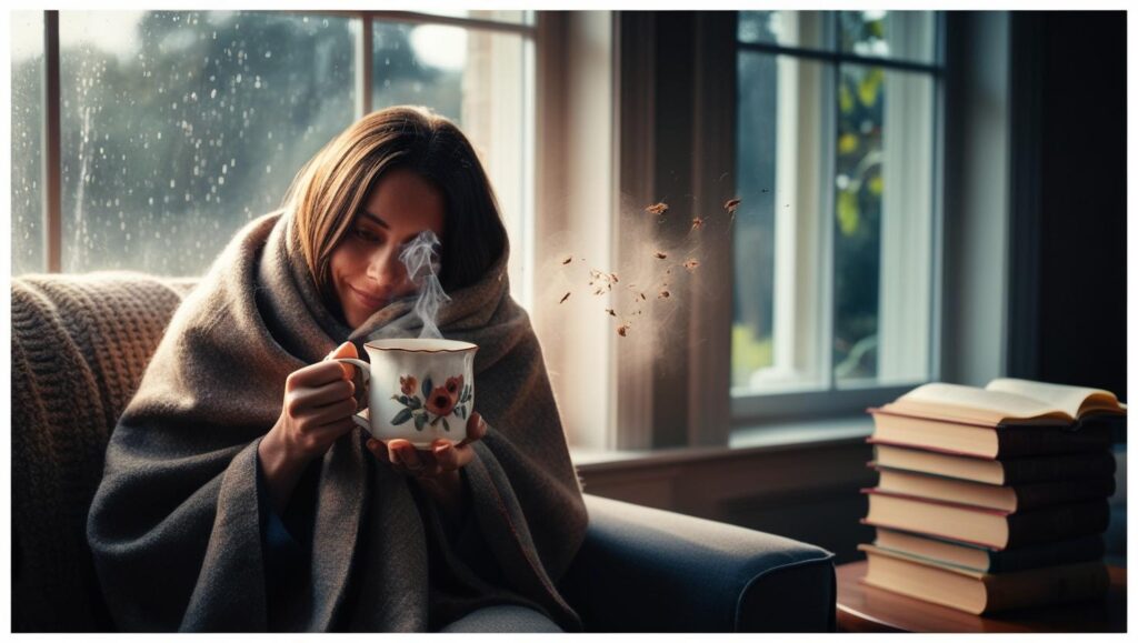 Person auf dem Sofa mit einer handbemalten Tasse Tee in der Hand, im Hintergrund ein Buch und warme Decke