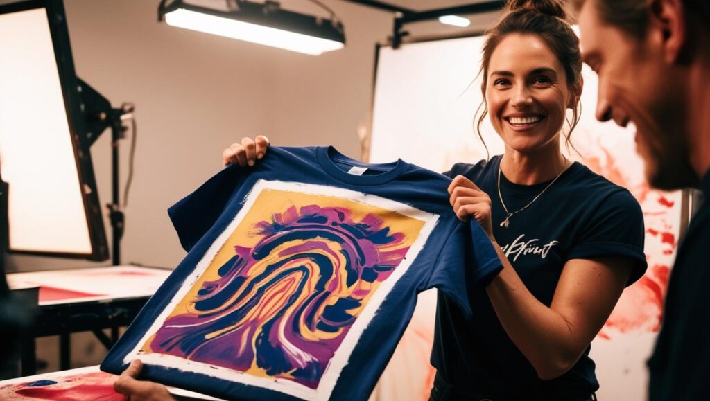Künstler hält ein buntes T-Shirt mit einem handgedruckten Siebdruckmotiv