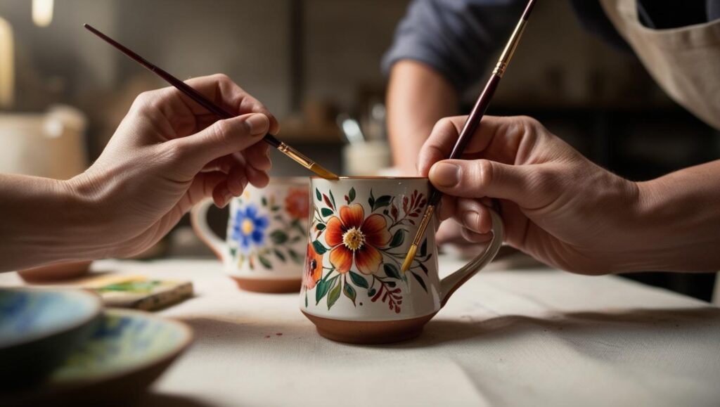 Detailaufnahme von Händen, die mit einem feinen Pinsel eine Keramiktasse bemalen