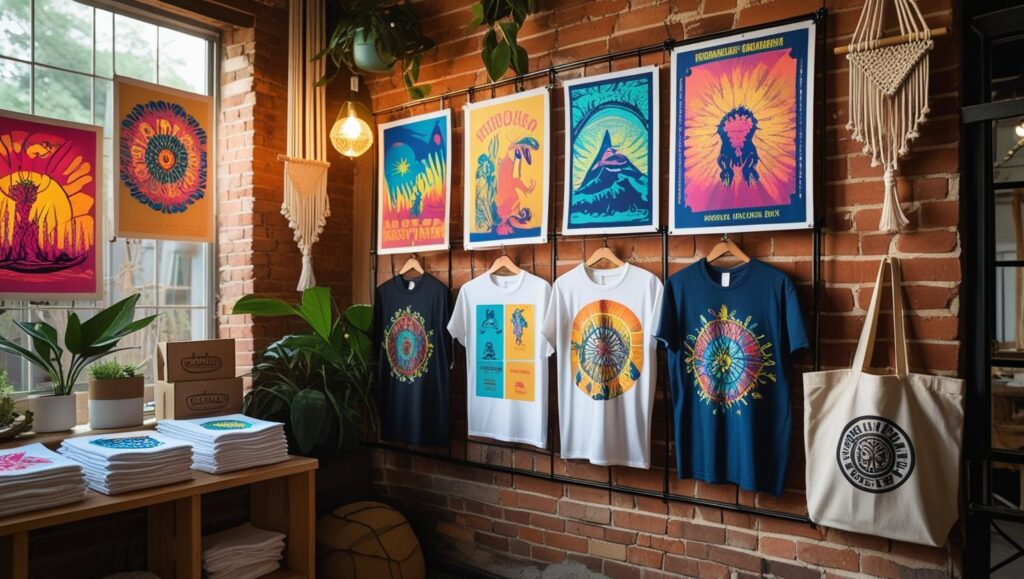 Galeriewand mit verschiedenen siebgedruckten Produkten wie T-Shirts, Taschen und Postern