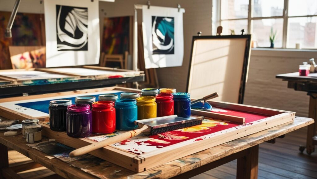 Siebdruckwerkstatt mit Farben, Rakel und bespanntem Rahmen auf einem Holztisch