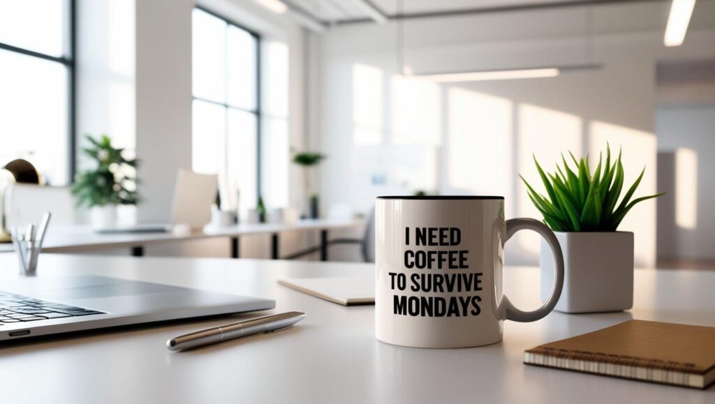 Ein humorvoller Kaffeebecher auf einem modernen Schreibtisch – das perfekte Accessoire für das Büro.