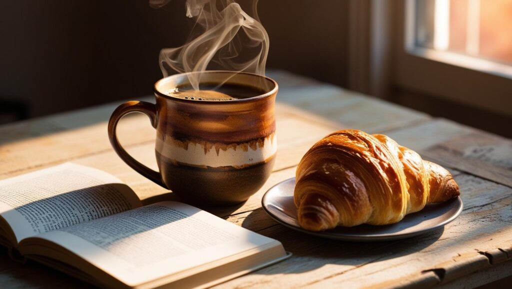Handbemalte Kaffeetasse mit dampfendem Inhalt auf einem Holztisch, daneben ein Croissant und ein Buch