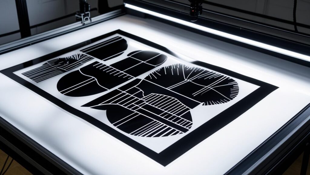 Ein schwarzes Motiv ist auf eine transparente Folie gedruckt.