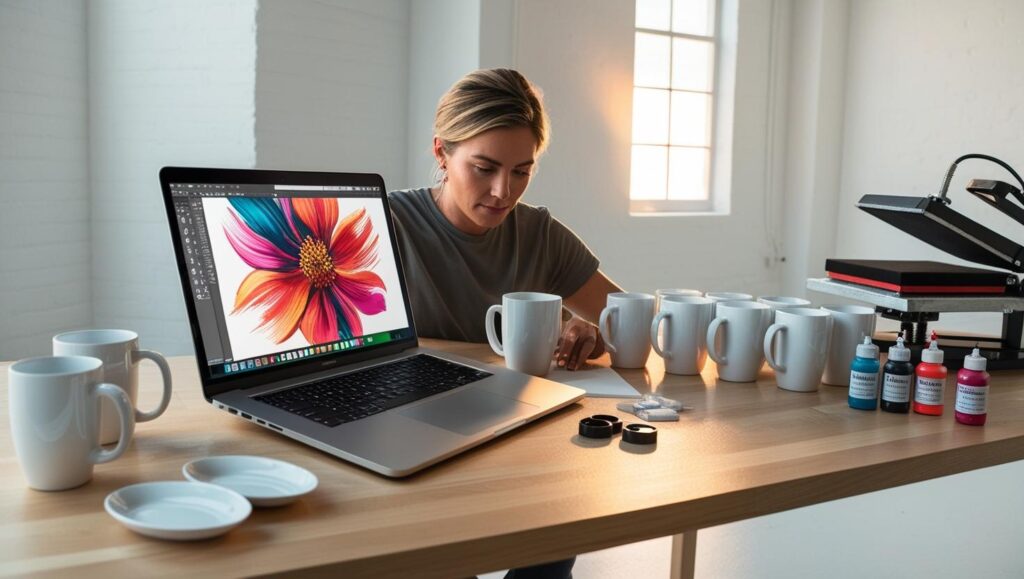 Eine Person entwirft ein Design für eine Sublimations-Tasse auf einem Laptop. Im Hintergrund sind leere Tassen und Druckmaterialien zu sehen.