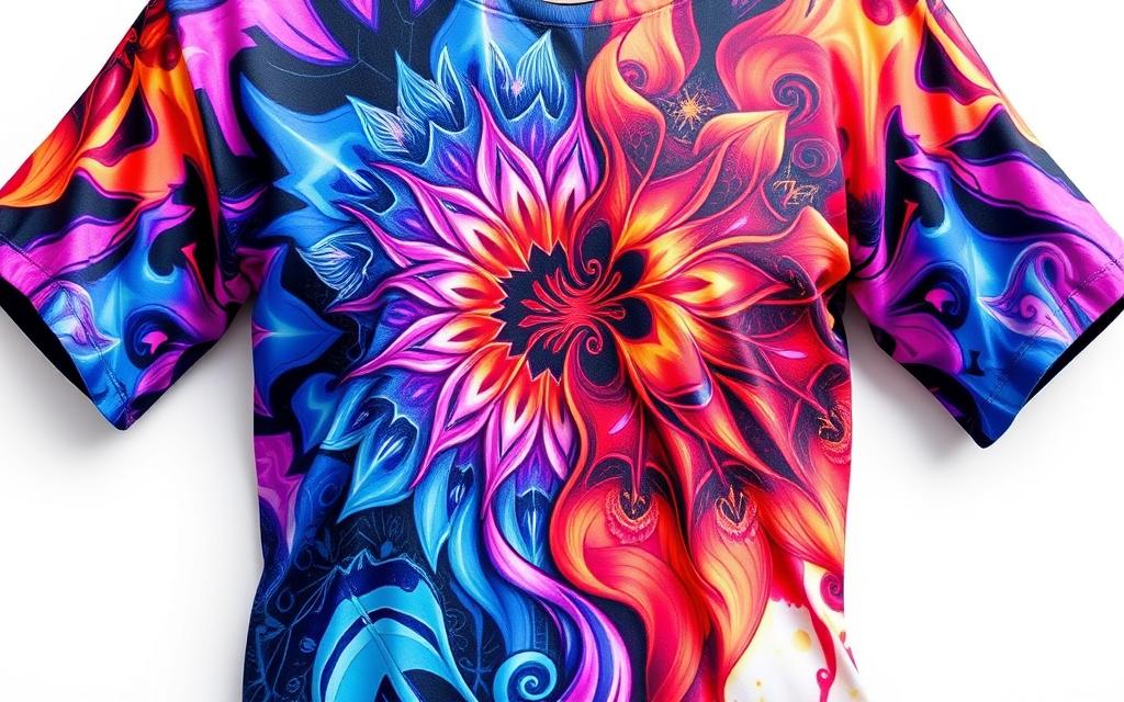 Naheaufnahme eines T-Shirts mit farbenfrohem, abstraktem Sublimationsdruck in leuchtenden Farben.