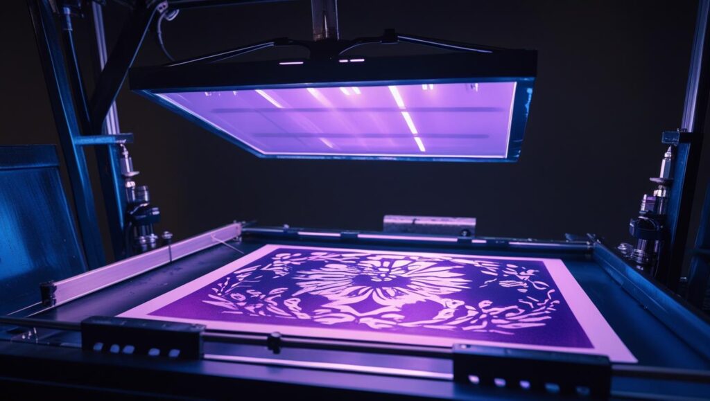 Eine Siebdruckschablone wird mithilfe von UV-Licht auf das Gewebe übertragen.