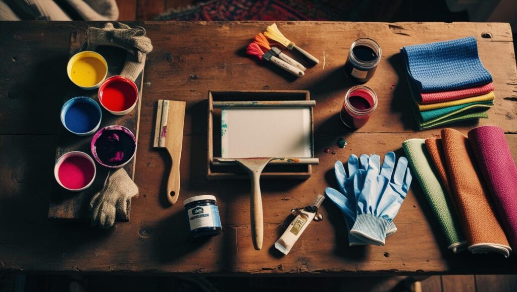Komplettes DIY-Siebdruck-Set mit Farben, Rakel, Rahmen und Textilproben auf einem Tisch