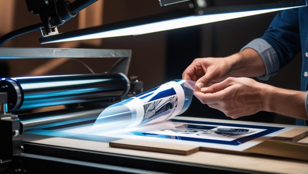 Sieb mit Emulsion wird unter UV-Licht belichtet, darüber liegt eine Motivfolie