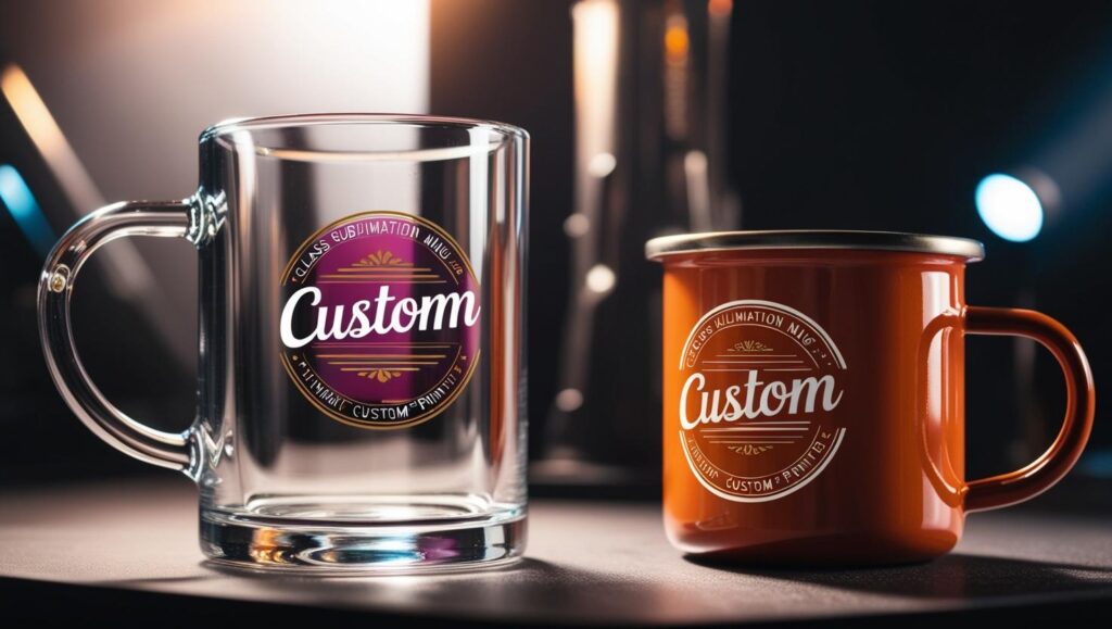 Ein Glasbecher und ein Emaillebecher mit personalisierten Designs durch Sublimationsdruck.
