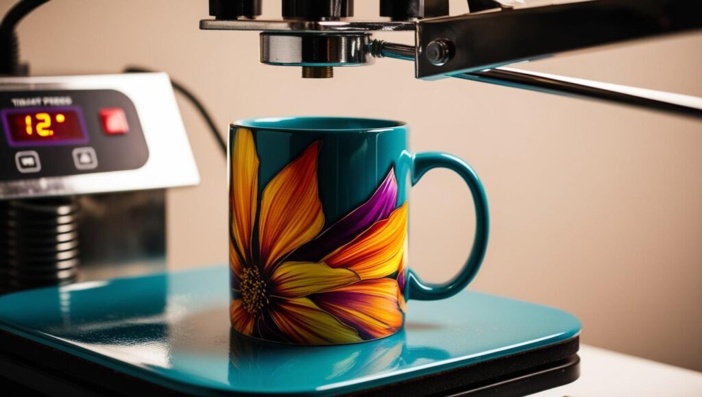 Ein naher Blick auf den Sublimationsdruck-Prozess, bei dem ein Design auf eine farbige Keramiktasse übertragen wird.