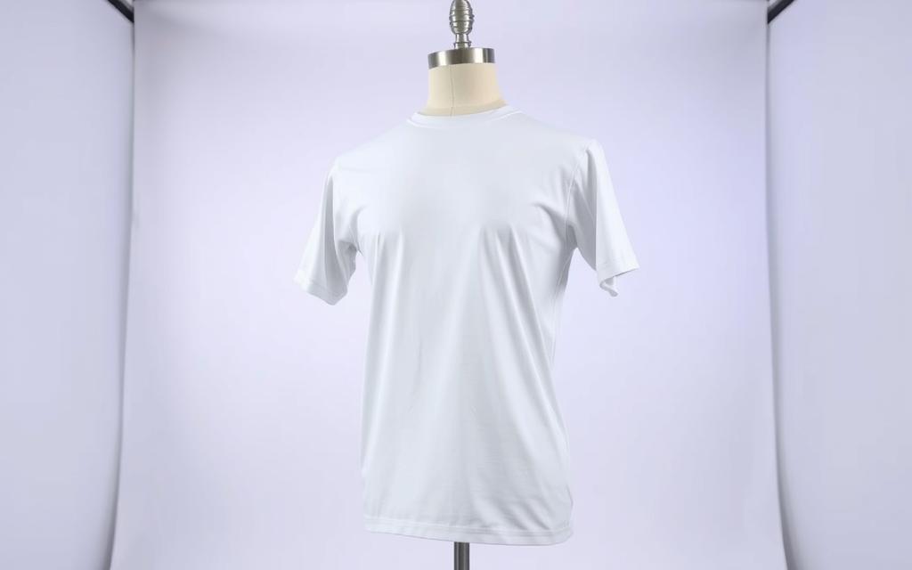 Weißes Polyester-T-Shirt auf einer Schneiderpuppe vorbereitet für den Sublimationsdruck.