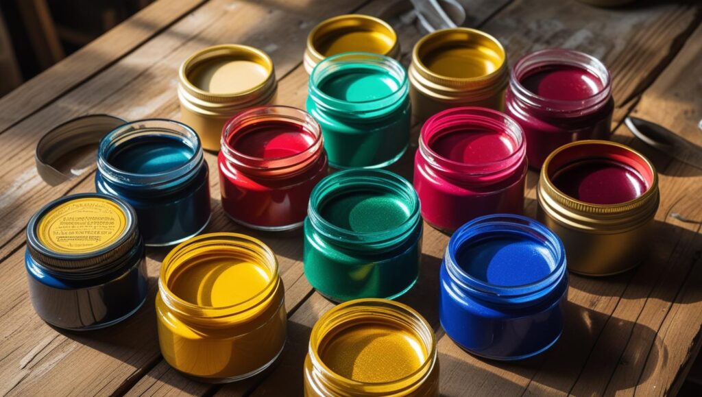 Bunte Siebdruckfarben in offenen Behältern auf einem Tisch.