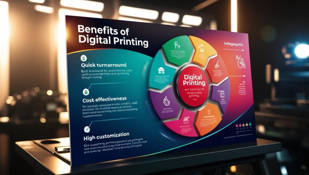 Infografik zu den Vorteilen des Digitaldrucks, wie Flexibilität und schnelle Produktion.