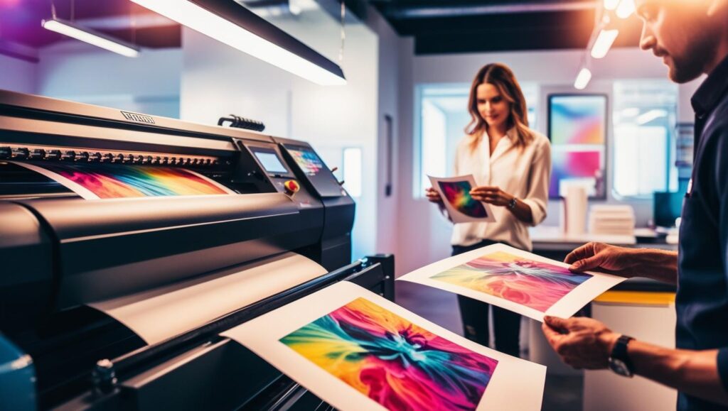 Ein moderner Arbeitsplatz mit einer Digitaldruckmaschine und verschiedenen Farbdrucken.