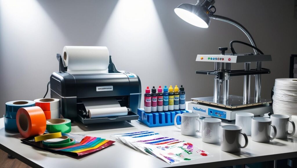 Ein Arbeitsplatz mit einem Sublimationsdrucker, Tassenpresse, Sublimationstinte, Transferpapier und weiteren Zubehörteilen für den Sublimationsdruck.