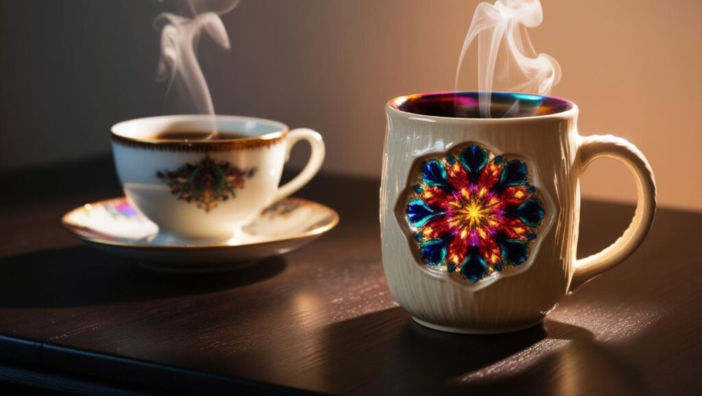 Eine Zaubertasse, deren Design sich sichtbar zeigt, nachdem sie mit heißem Wasser befüllt wurde.